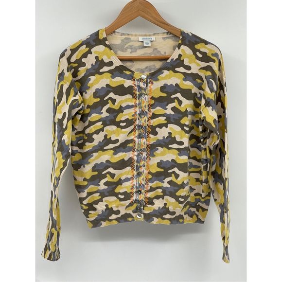 Sundance Cardigan Sweater Women Petite‎ XS Yellow Gray Blue Embroidered Camo - Picture 1 of 12